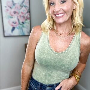 Acid Wash Olive Tank Bodysuit